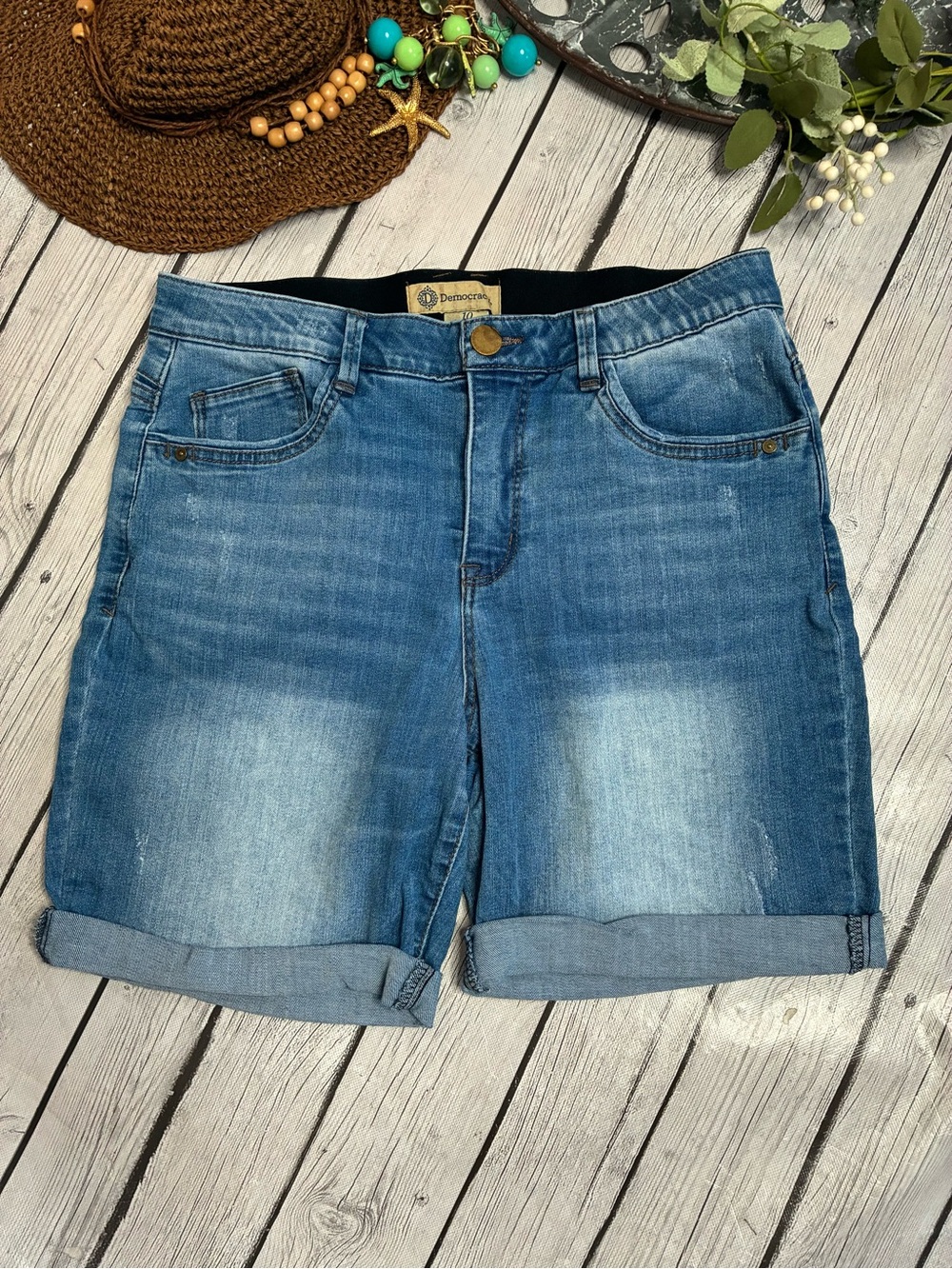 Democracy AB Solution Medium Wash Roll Cuff High Rise Denim Bermuda Shorts